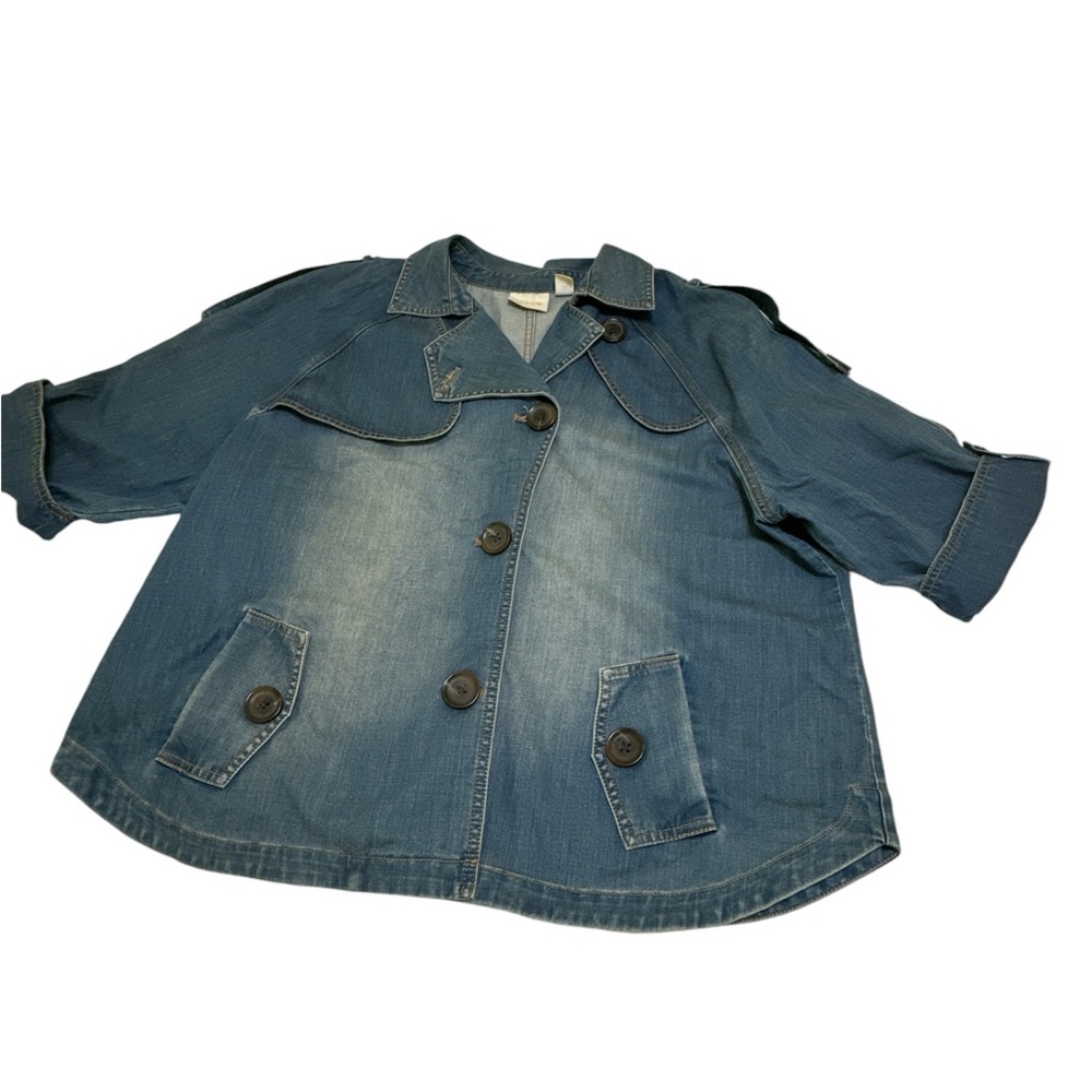 Chico’s Modern Denim Trench Jacket Button Front Adj Slv Blue Size 3 #16743